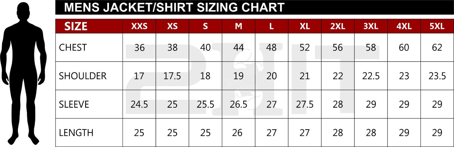 Mens jacket/shirt sizing chart with measurements for chest, shoulder, sleeve, and length.