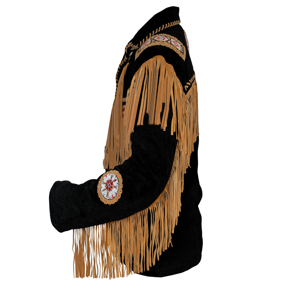 Men's Cowboy Fringe Leather Jacket Black Suede