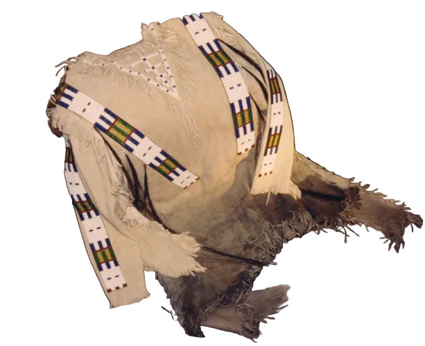 war shirt with fringes and patterned bands