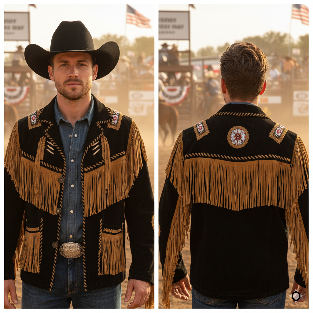 Man wearing a black and gold fringed jacket with a cowboy hat at a rodeo event.