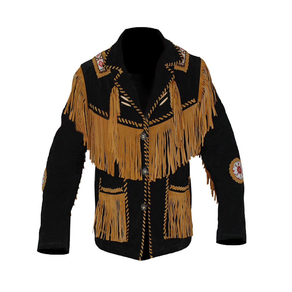 Black suede jacket with golden fringes and beads