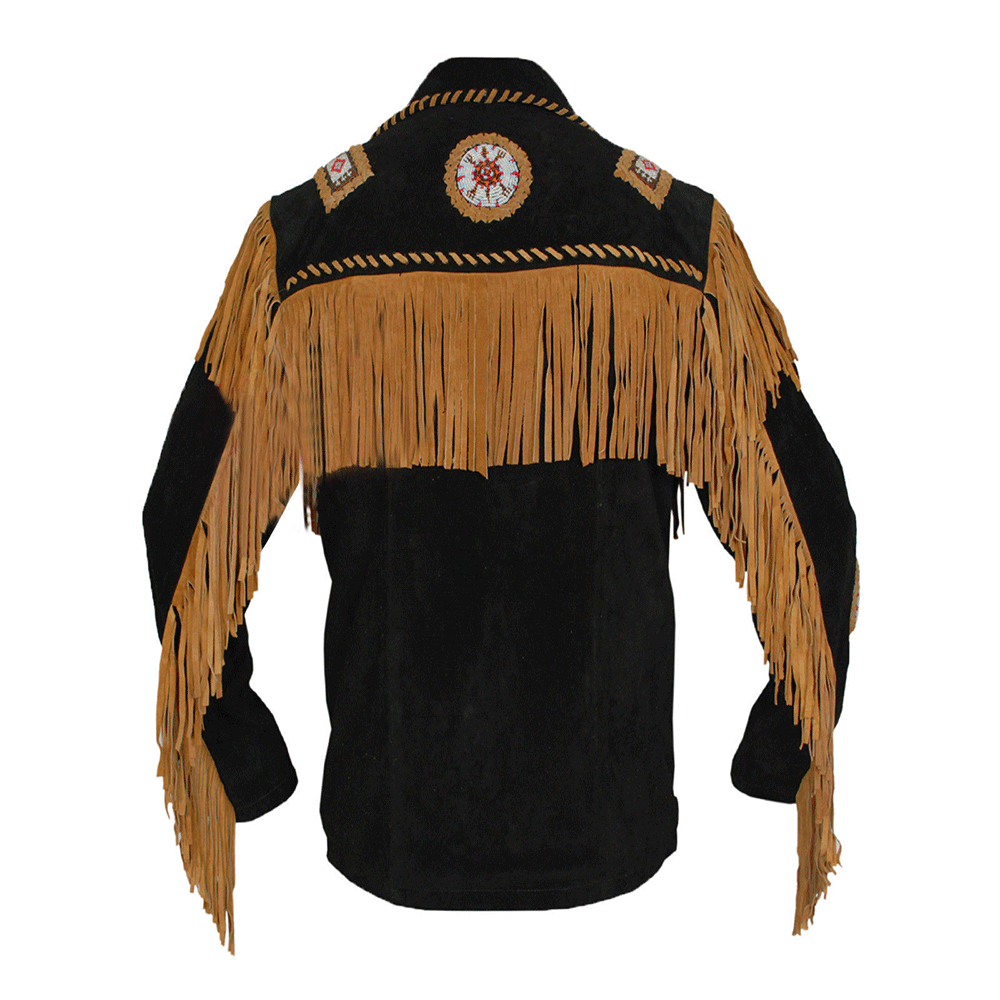 Men's Cowboy Fringe Leather Jacket Black Suede