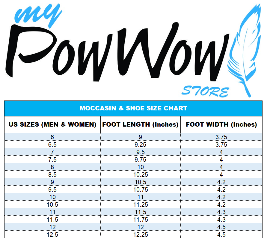 Moccasin and shoe size chart for men and women with 'my PowWow Store' branding.