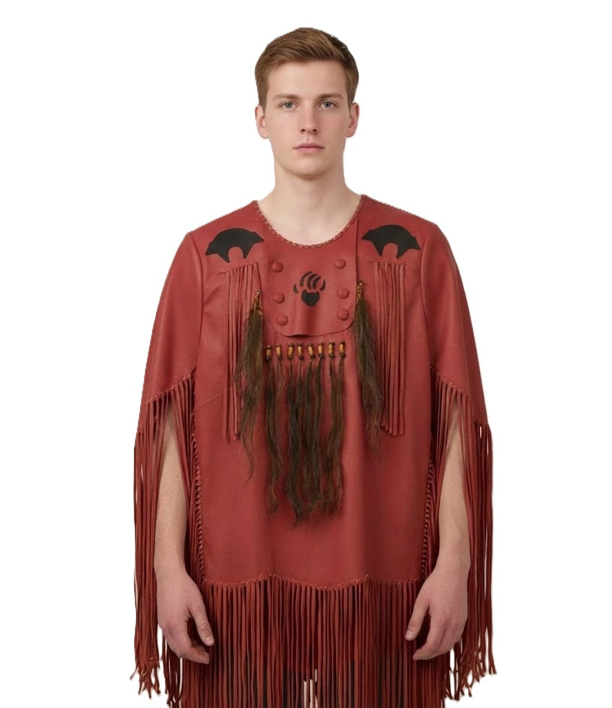 Man wearing a red fringed Shirt with black designs on a white background