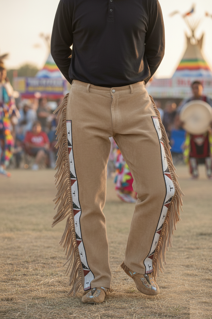 Person wearing traditional fringed pants at a powwow cultural event