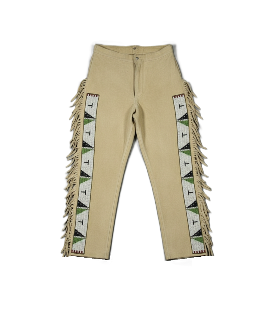 Beige pants with fringe and patterned waistband on a white background
