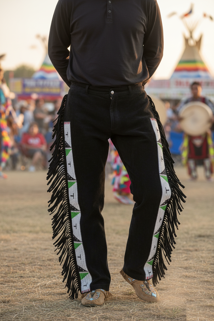 Person wearing black pants with decorative fringes at a cultural event.