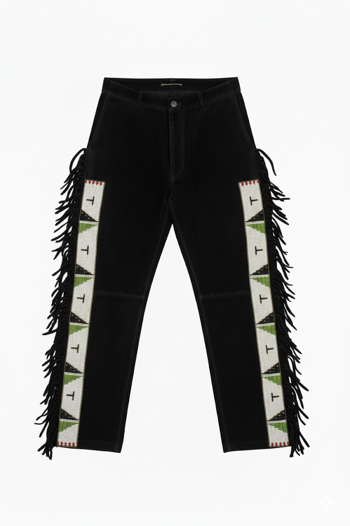Black jeans with geometric patterned side panels and fringes on a white background