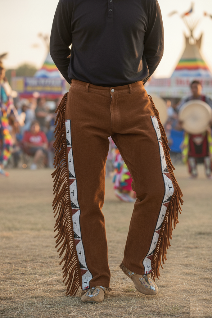 Person wearing brown fringed pants with a blurred background of people and colorful flags.