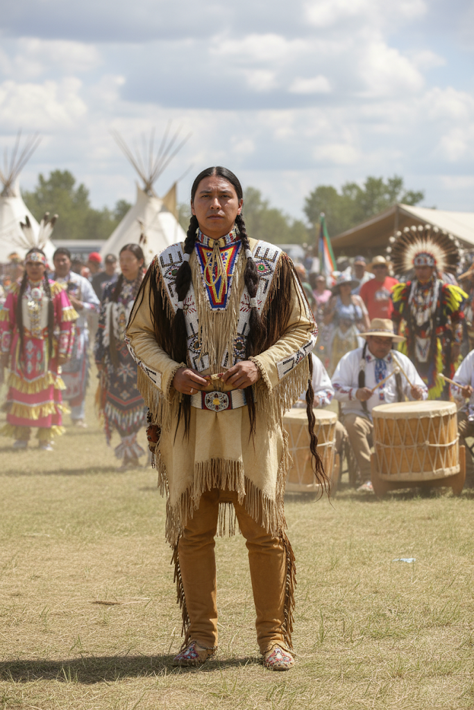 Man in traditional Native American attire standing in a grassy field with other people and tipis in the background.