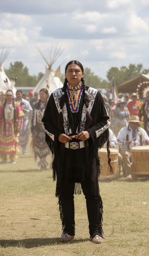 Man in traditional Native American attire standing in a field with people and tipis in the background