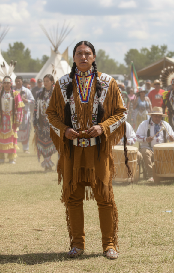 Man in traditional Native American attire standing in a grassy field with other people and tipis in the background.