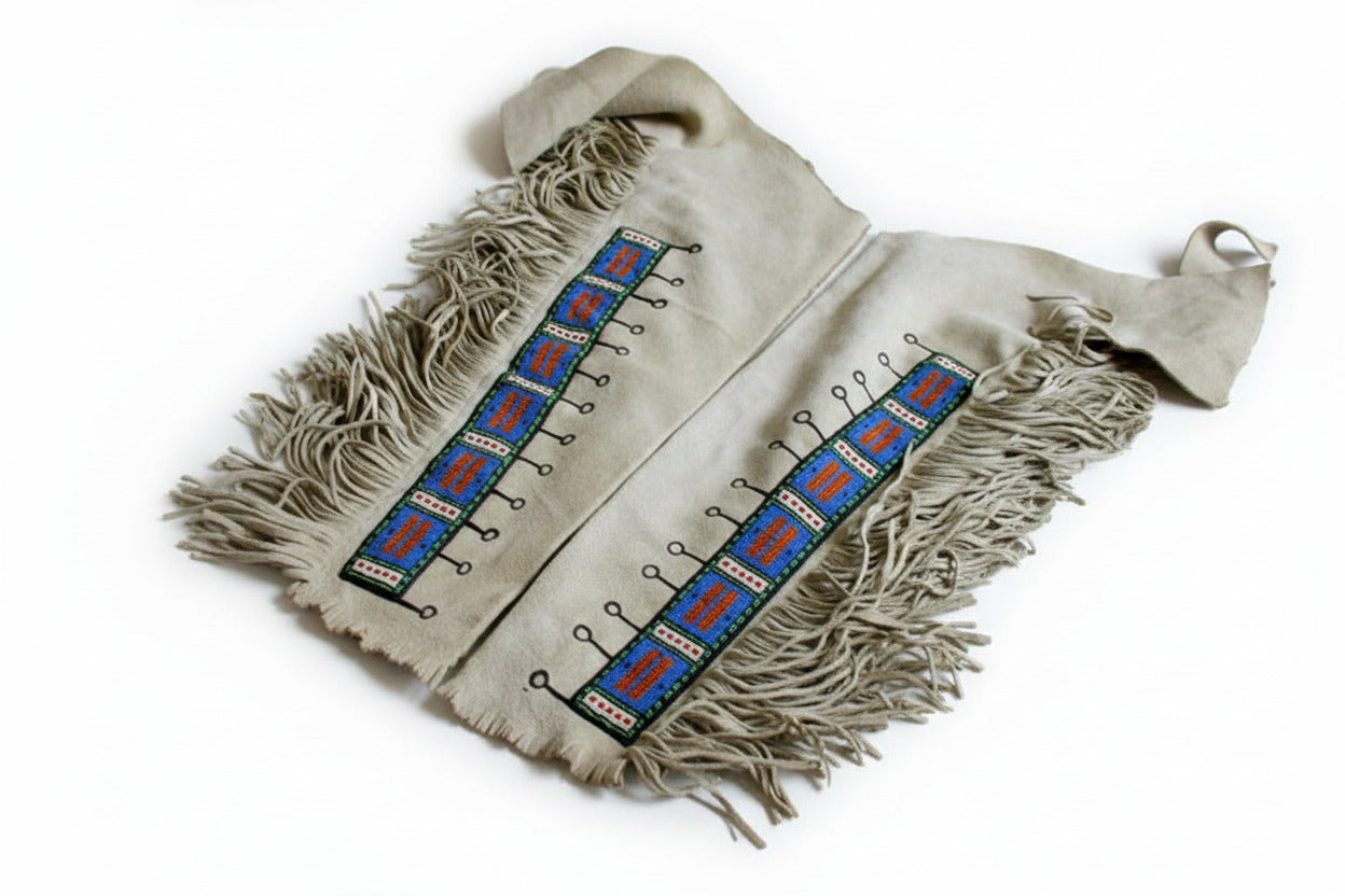 Traditional Native American style chaps with fringe and beadwork on a white background