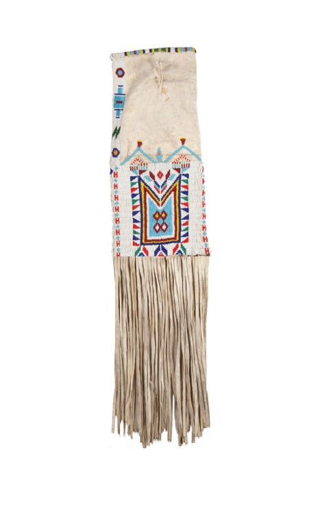 Traditional Native American pipe bag with intricate beadwork on a white background