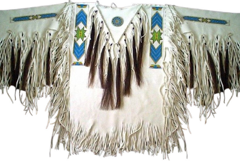 Traditional Native American war shirt with fringes and intricate patterns on a white background