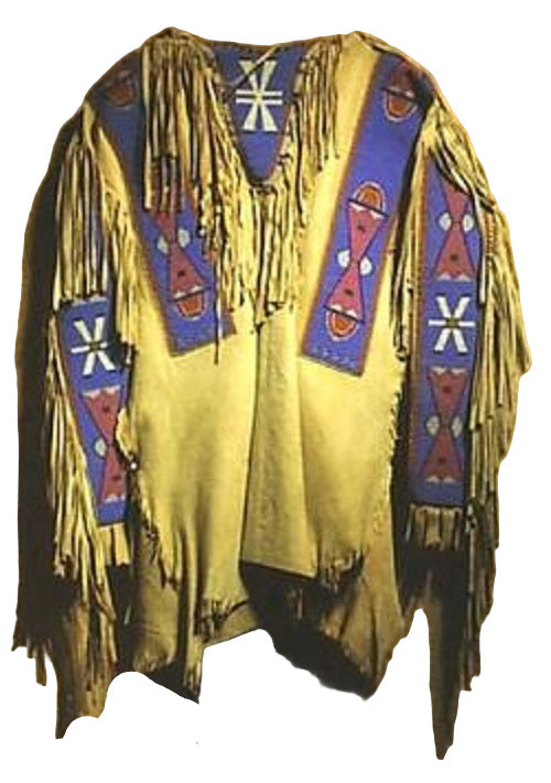 Traditional Native American garment with intricate patterns and fringes on a plain background