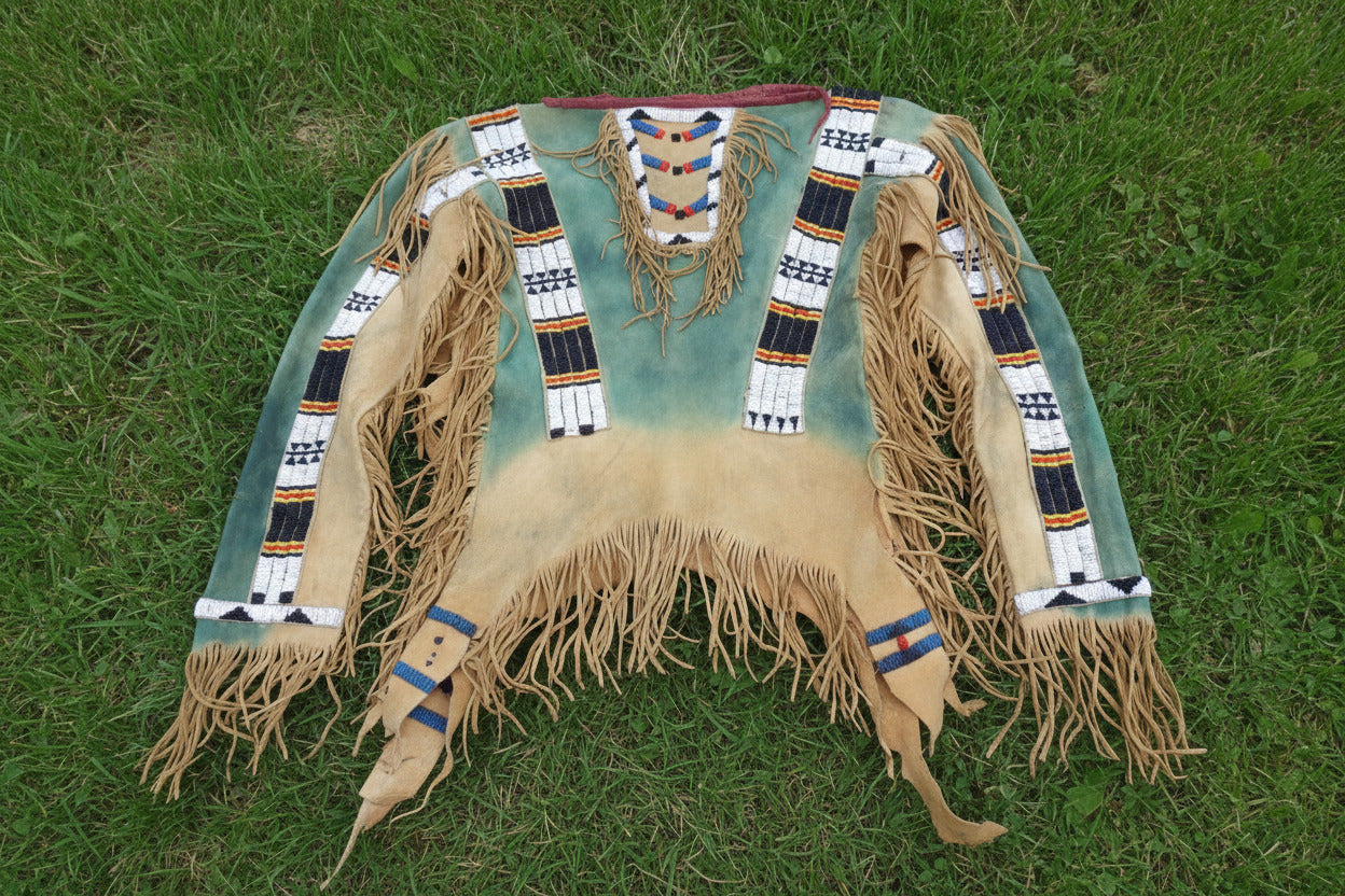 Traditional Native American headdress with intricate patterns and fringes on a dark background