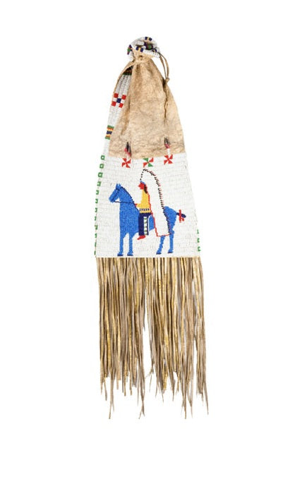 Decorative horse beaded pipe bag with colorful patterns and fringes on a white background