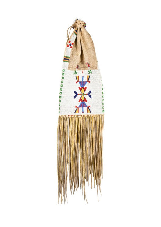 Decorative bag with fringe and colorful patterns on a white background