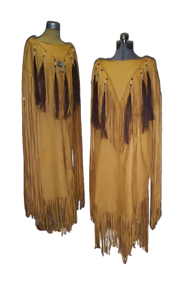 Tan brown fringed dresses front and back on mannequins against a white background