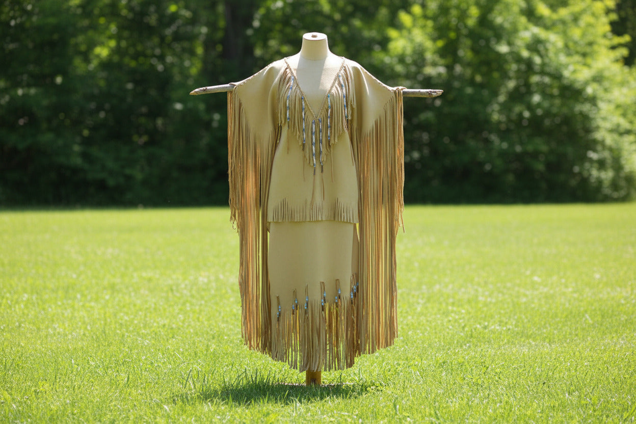 Beige fringe garment with decorative elements on a dark background