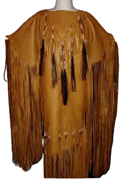 Brown fringed garment on a mannequin with a white background