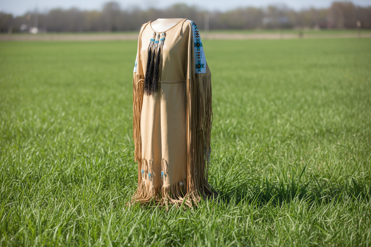Traditional Native American dress with fringes and beadwork on a plain background