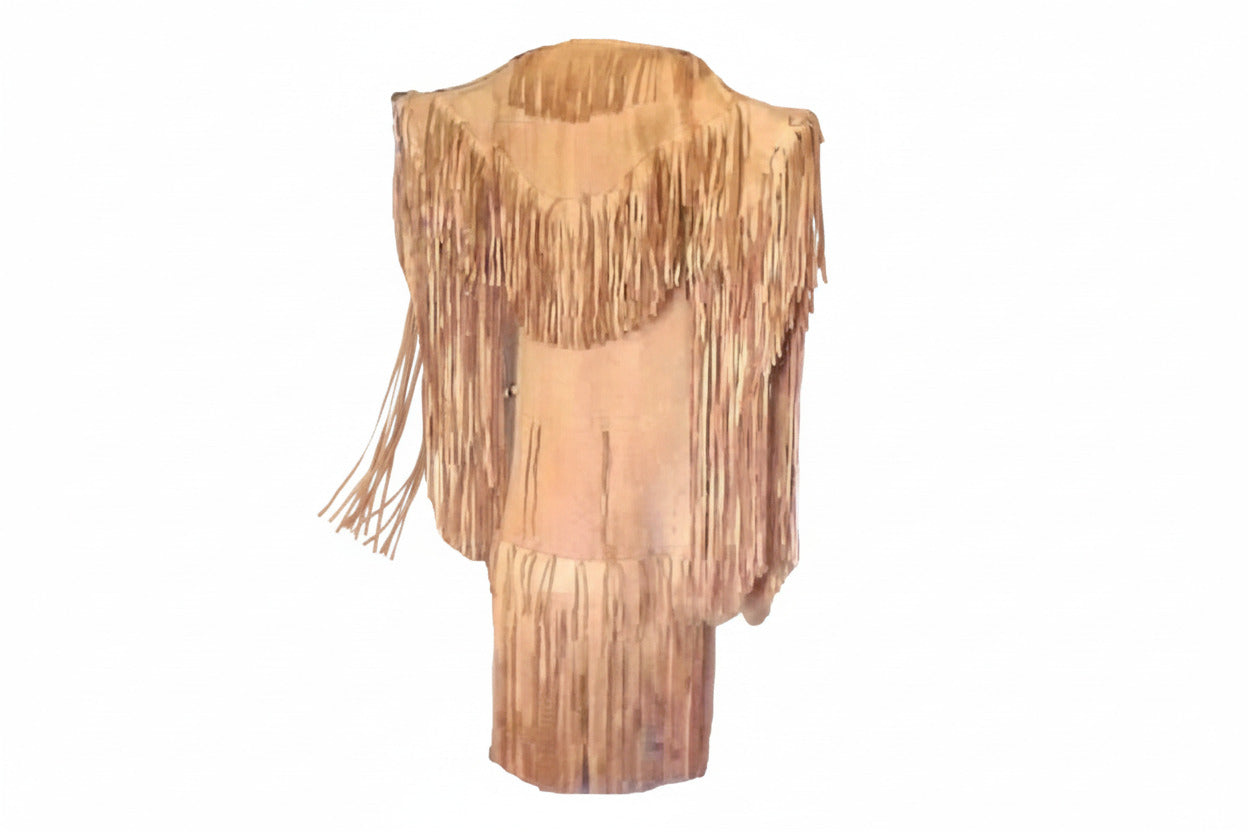 Beige dress with fringe details on a wooden stand.