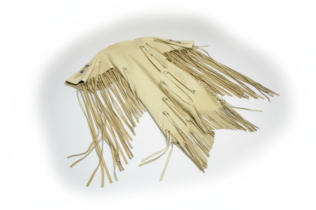 Light tan leather fringe dress on a white background