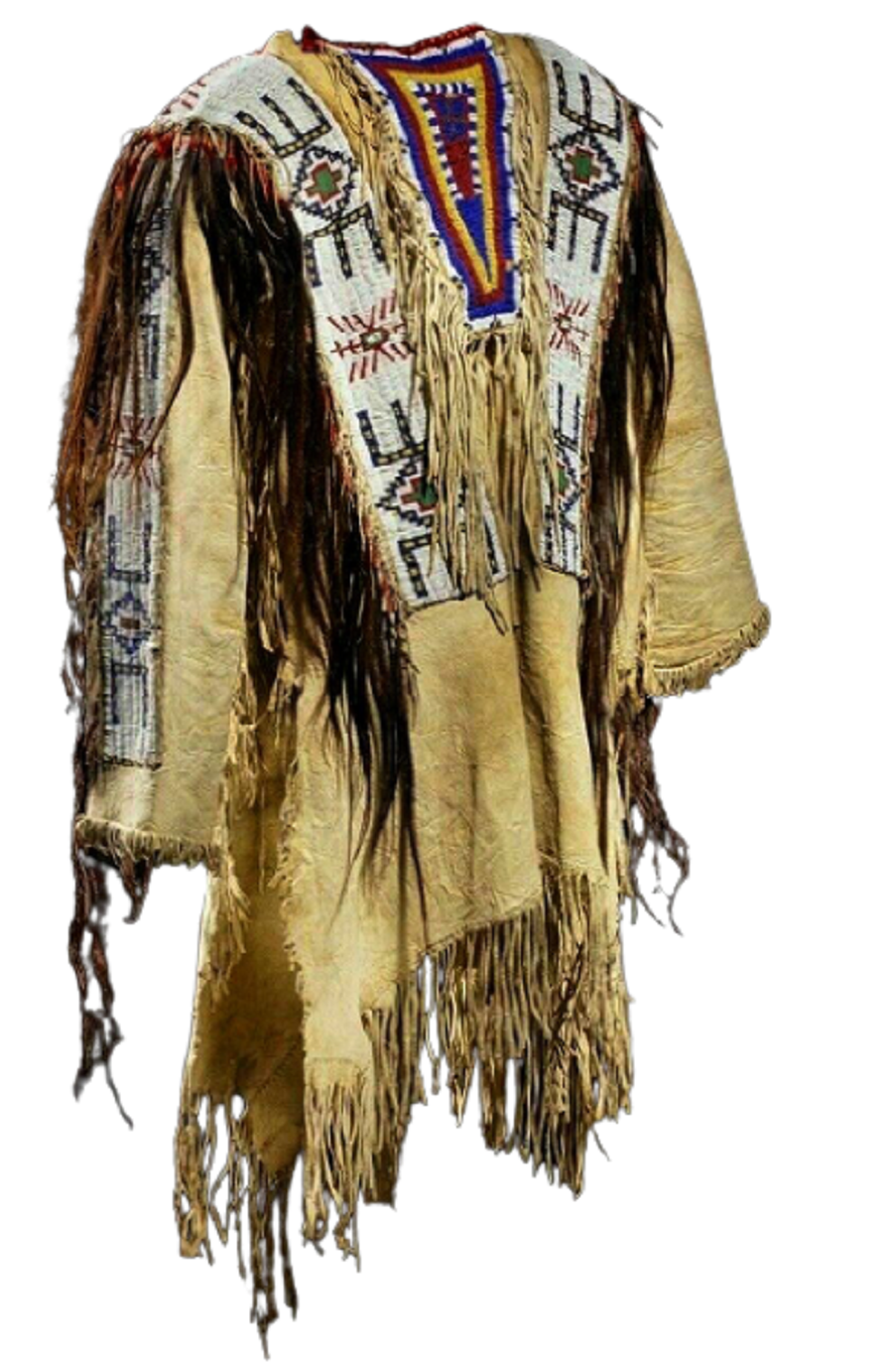 Traditional Native American garment with intricate patterns and fringes on a white background