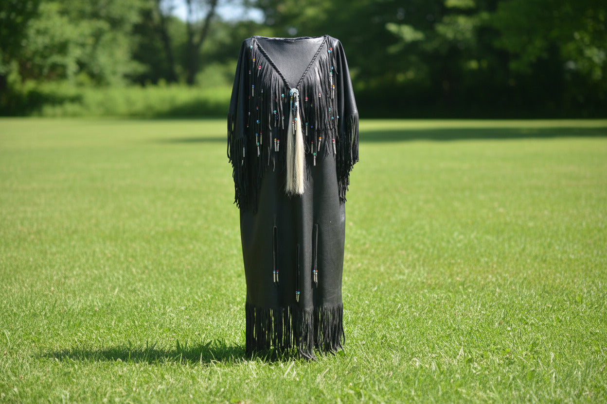 Black fringe dress with colorful beads accents on a white background
