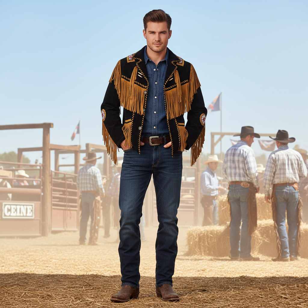 Man wearing a fringed jacket in a rodeo setting with other people and equipment in the background.