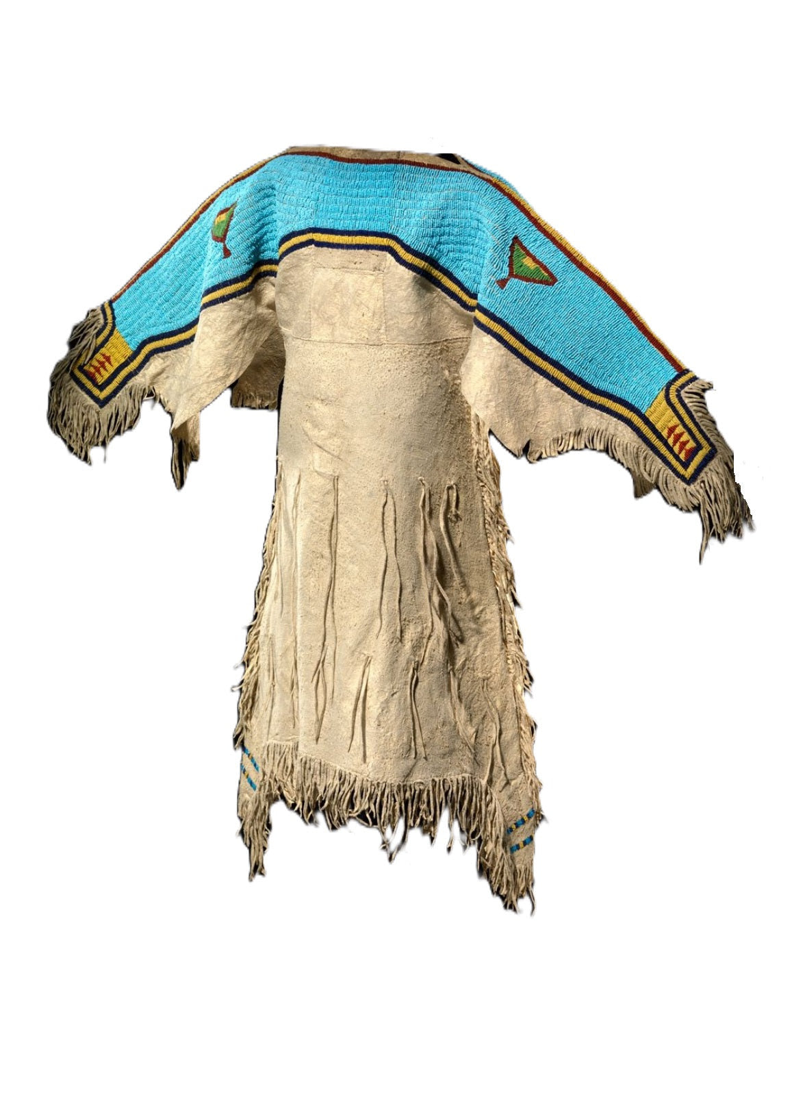 Traditional Native American regalia dress with turquoise top and beige fringe on a white background