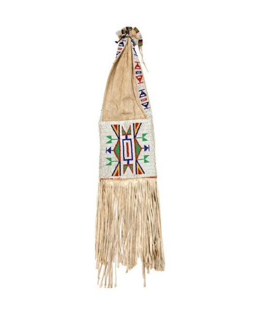 Traditional beaded pipe bag with fringes on a white background