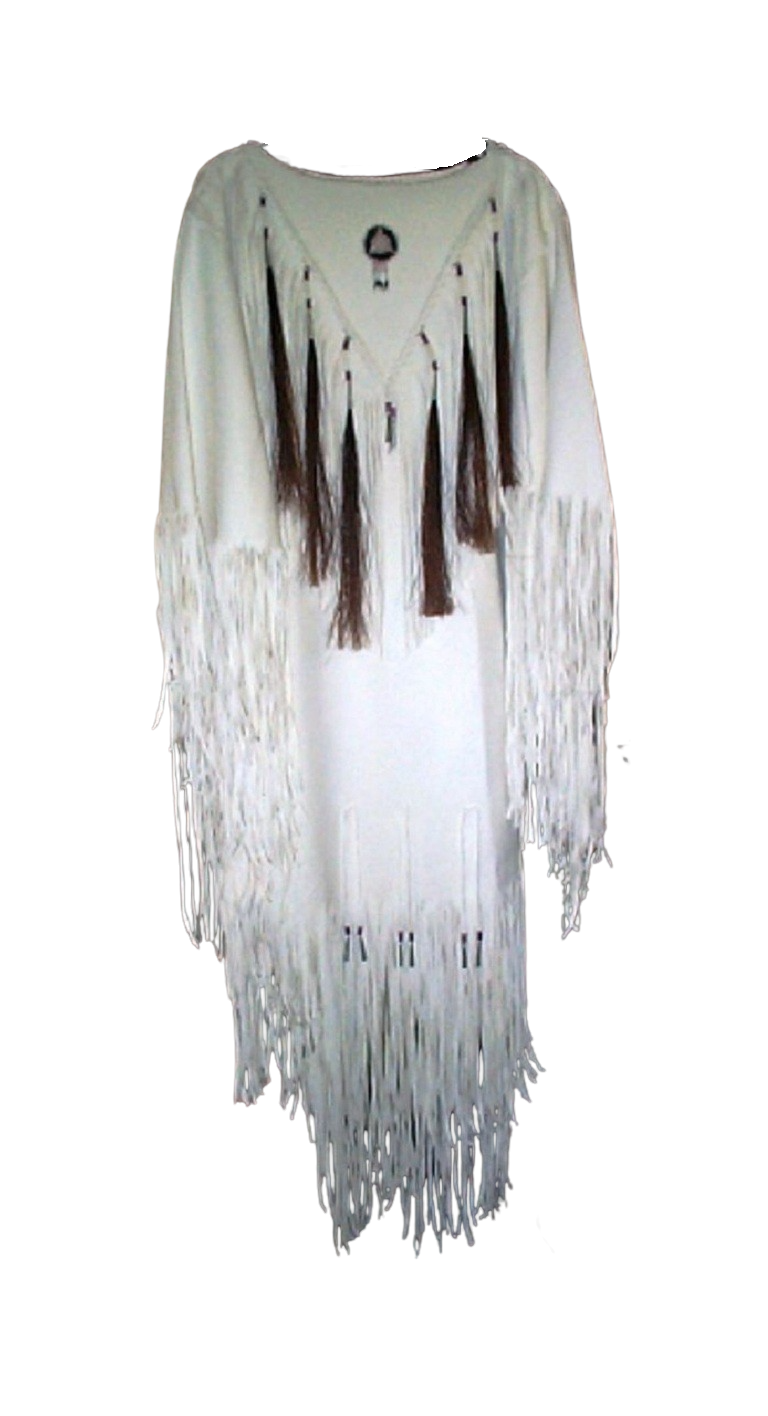 Long white leather fringe garment on a white background