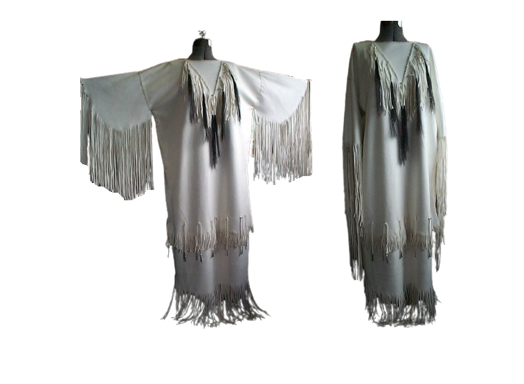 white leather long fringe dress tribal festival dress for powwow