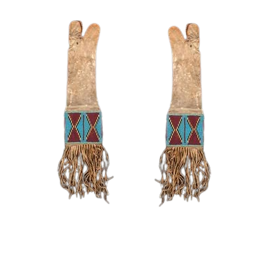 Pair of Native American-style pipe bag with fringes and colorful band on a white background