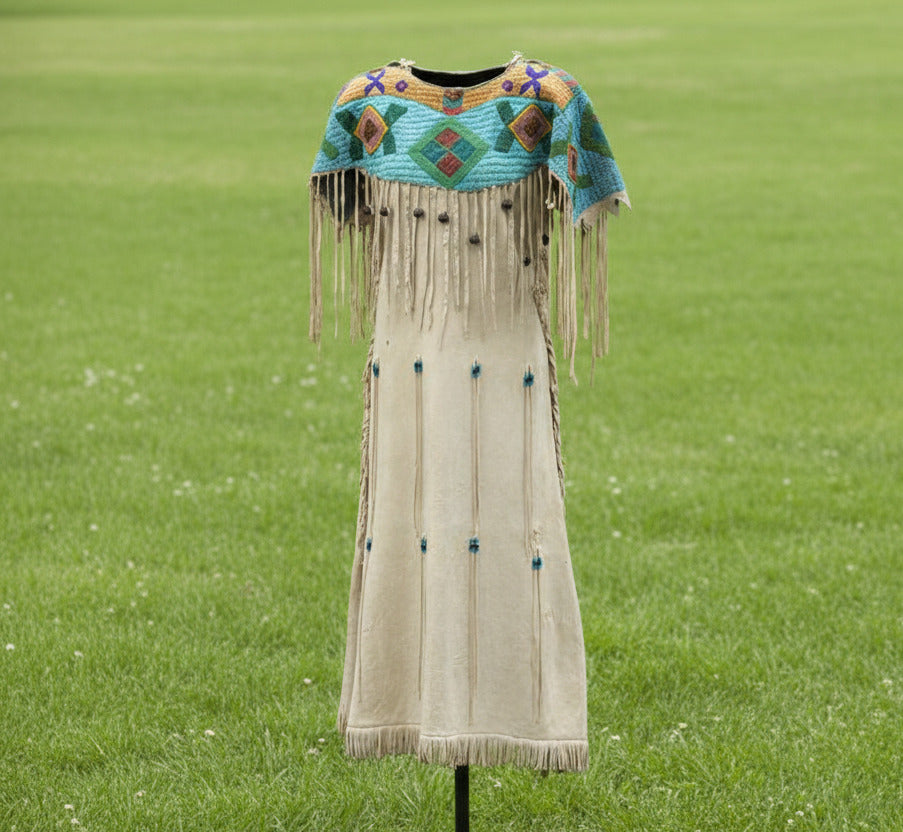 Native American Woman’s Blue Beaded Yoke Dress for Powwow PWYD506