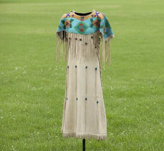 Native American Woman’s Blue Beaded Yoke Dress for Powwow PWYD506