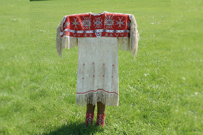 Native American Woman’s Red Beaded Yoke Dress for Powwow PWYD507