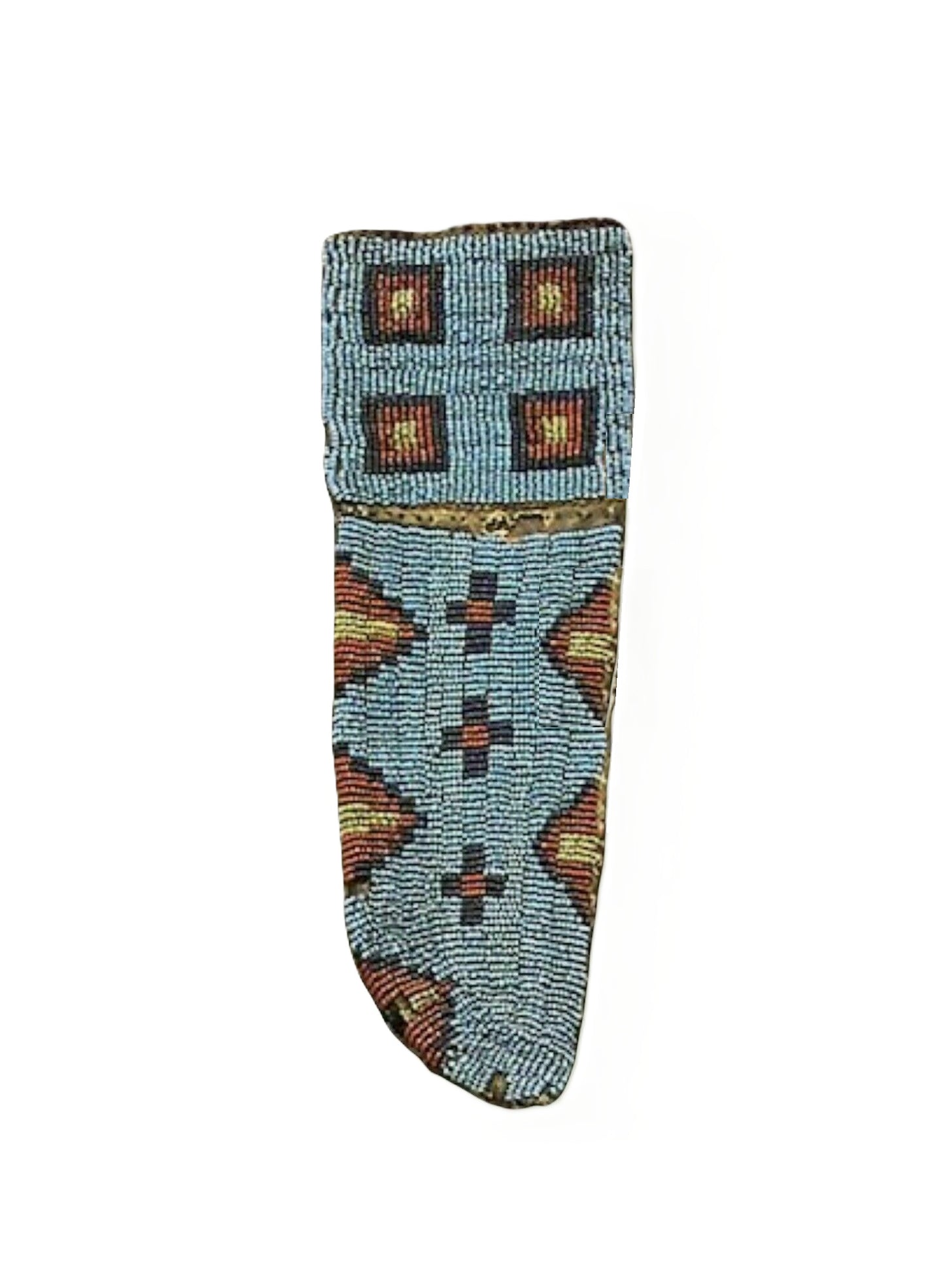 Decorative beaded knife sheath with geometric pattern on a white background