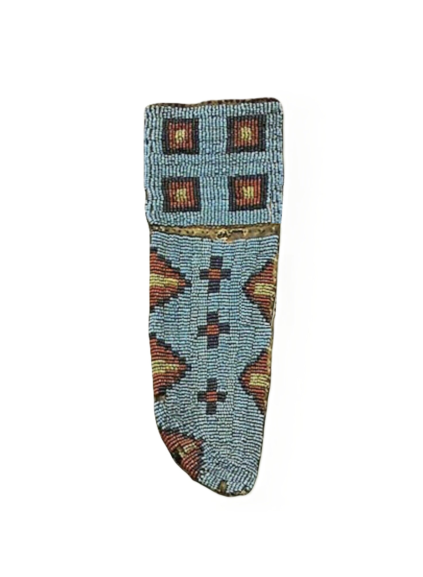 Decorative beaded knife sheath with geometric pattern on a white background