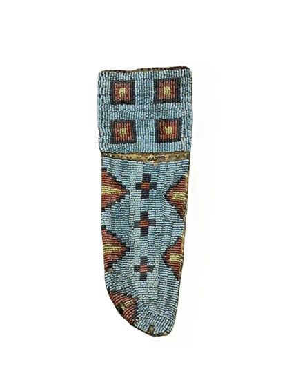 Decorative beaded knife sheath with geometric pattern on a white background