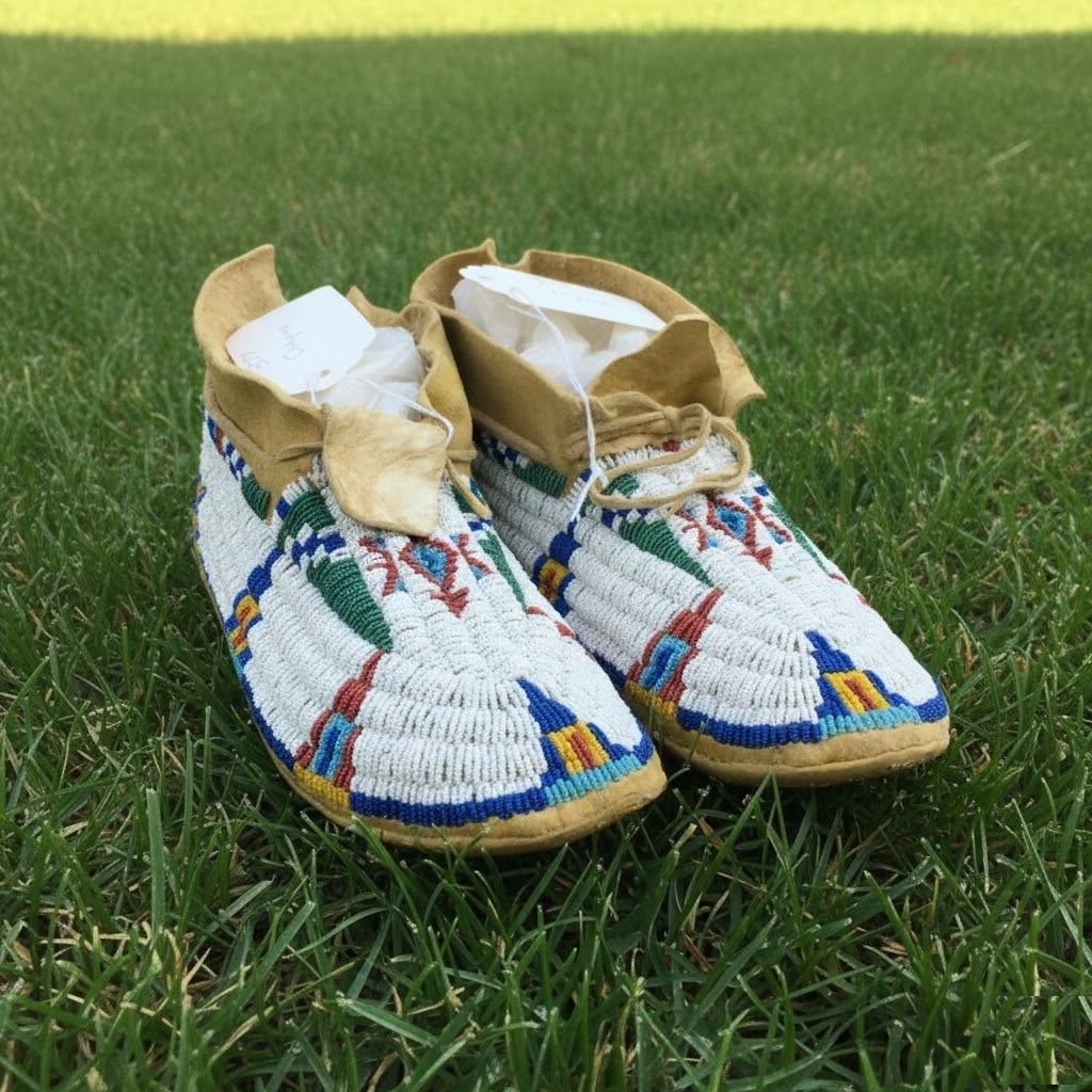 Pair of colorful Powwow beaded moccasins on grass