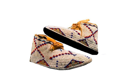 Pair of Beaded shoes with geometric patterns on a white background
