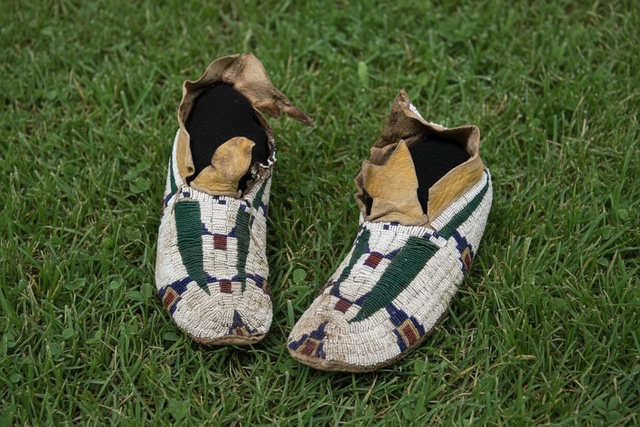 Pair of Native American beaded moccasins on a white background
