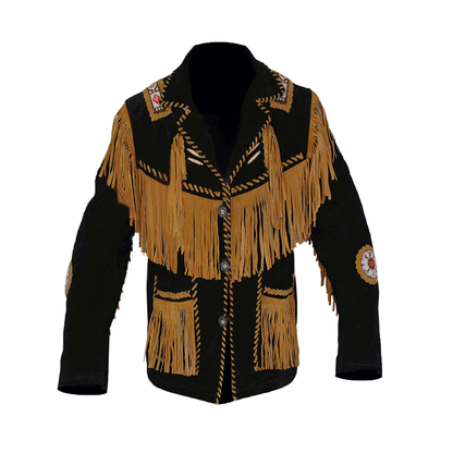 Black suede jacket with golden fringes and beads
