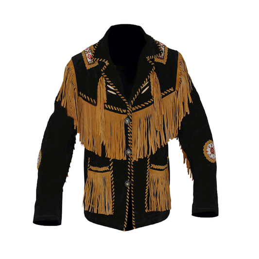 Black suede jacket with golden fringes and beads