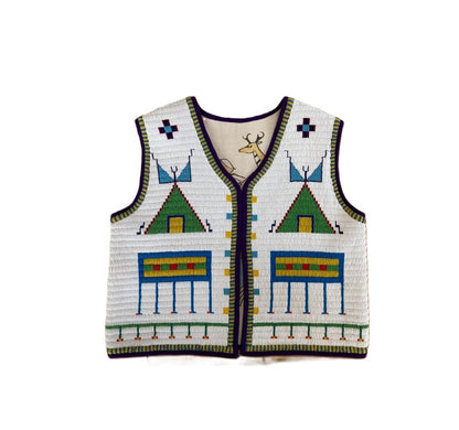 beaded vest with geometric pattern on a white background