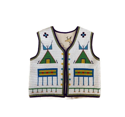 beaded vest with geometric pattern on a white background